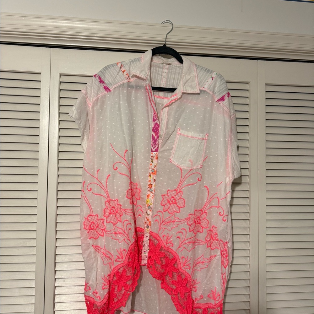 Free People White Blouse with Pink Stitching